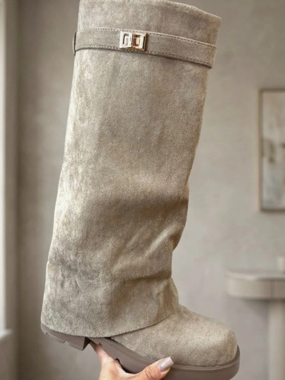 Suede Mid-Calf Neutral Taupe Boots with Gold Accent